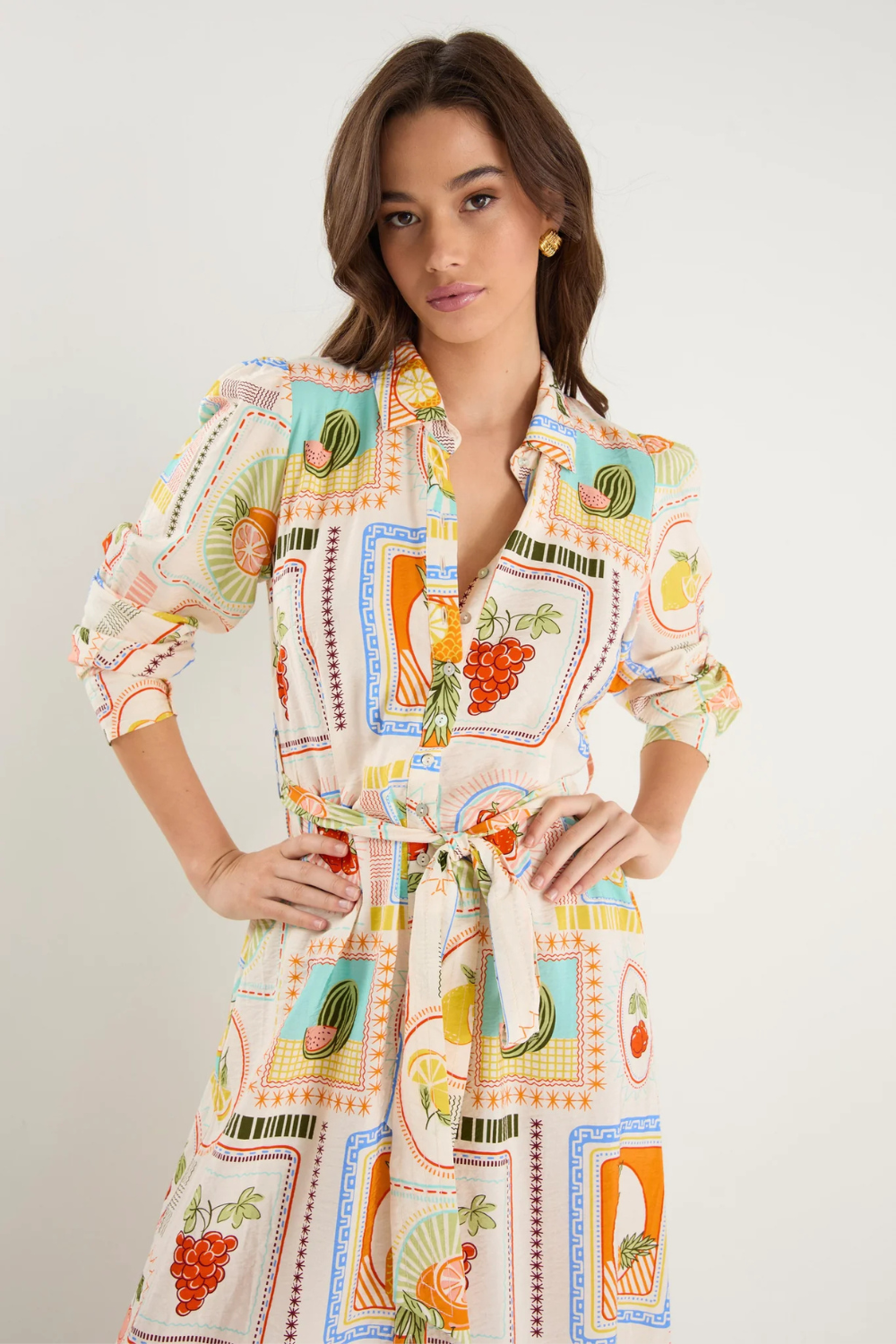 Sentiment Tropical Postcard Long Sleeve Maxi Shirt Dress