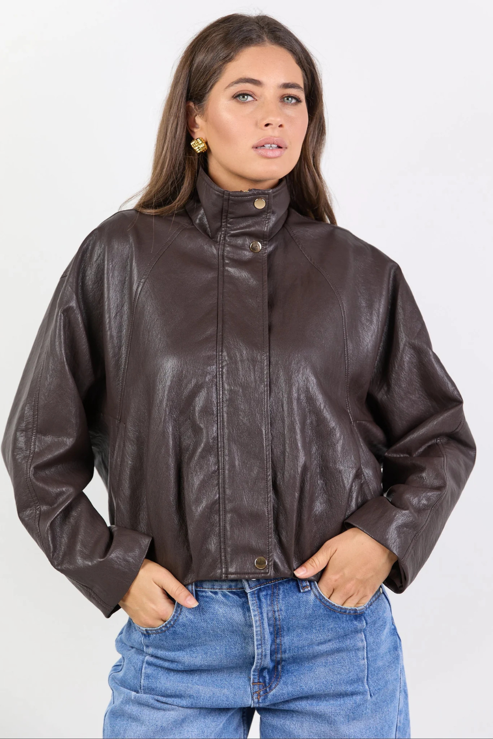 Ensemble Chocolate Faux Leather Funner Neck Zip Through Jacket