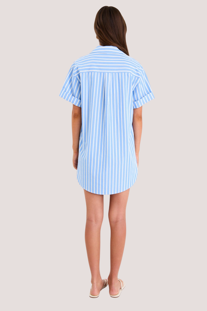 Mykonos Blue Stripe Short Sleeves Mini Shirt Dress