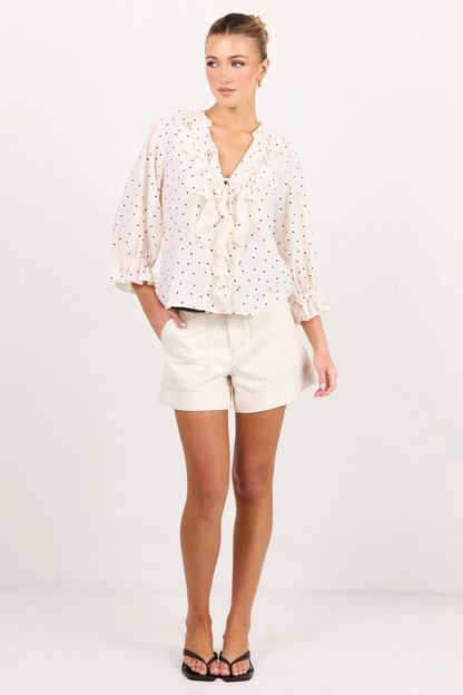 Garnish Cream Black Polka Dot Frill Front Mid Sleeve Top
