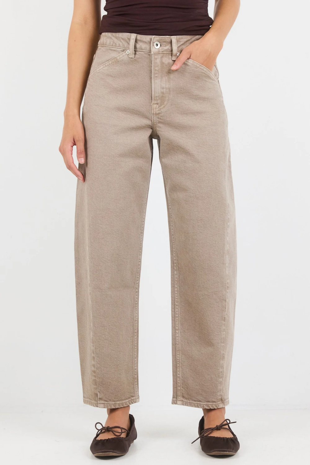 Idolise Taupe Stretch Soft Barrel Jeans - ARRIVING THIS WEEK