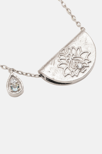 Sterling Silver Lotus Birthstone Necklace - March - Aquamarine