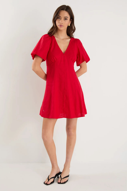 Adelaide Cherry Linen Puff Sleeve Panelled Mini Dress