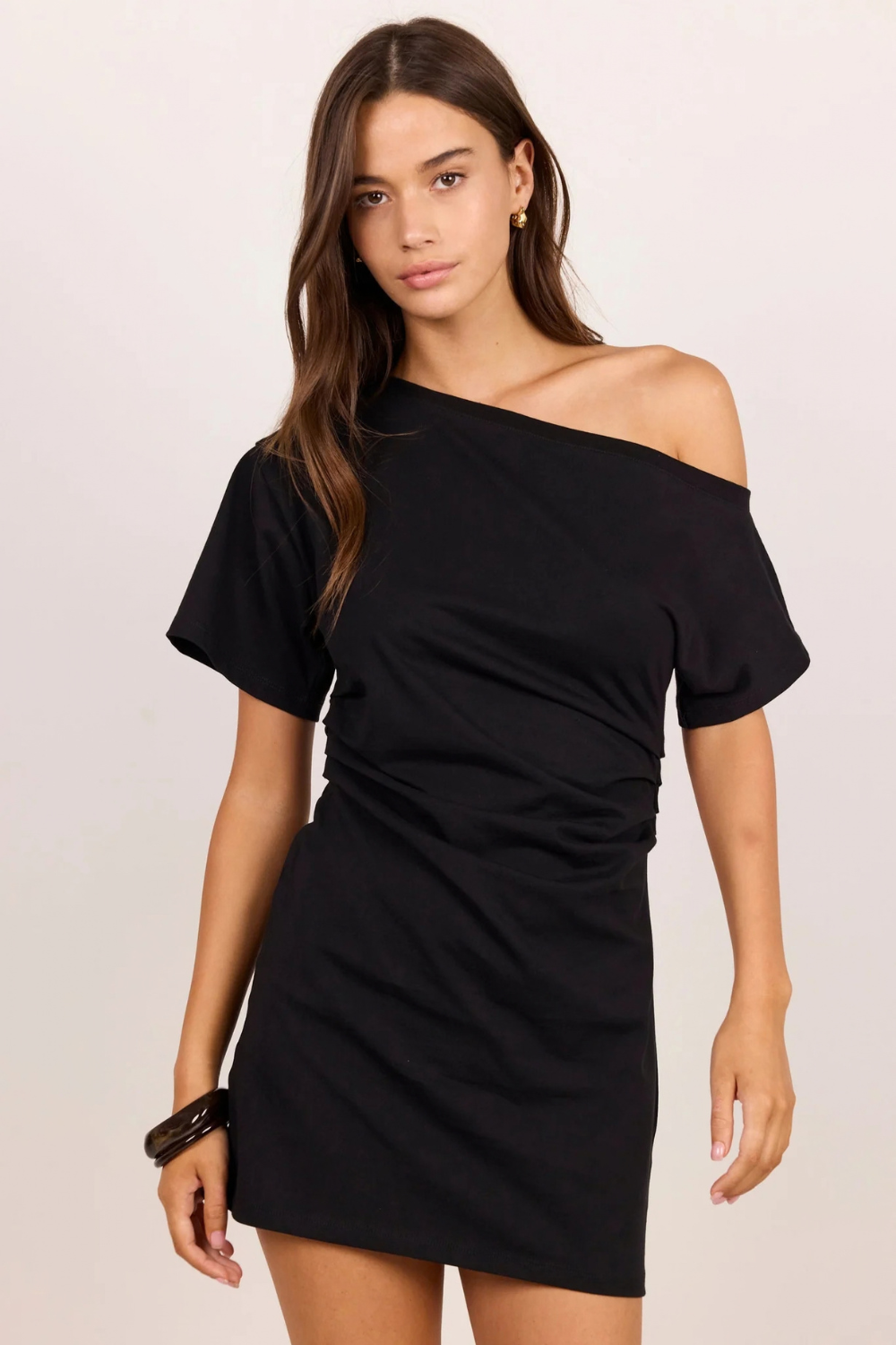 Chatter Black Ruched Mini Tee Shirt Dress