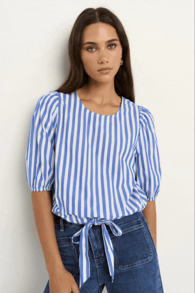Cameron Bright Blue Stripe Tie Front SS Top