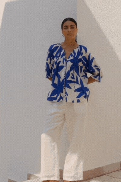 Antic Bright Blue Abstract Button Front SS Top