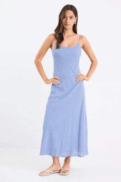 Hologram Electric Blue Mini Gingham Strappy Bias Slip Maxi Dress