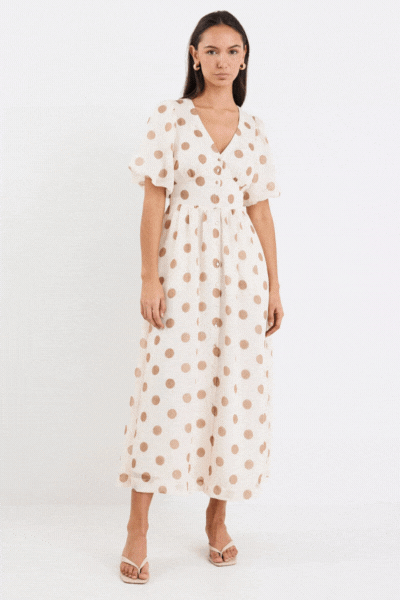 Lisbon Copper Polka Dot Puff Sleeve Midi Dress