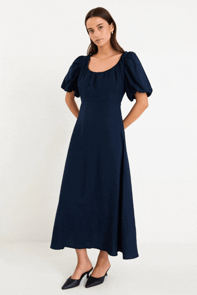 Chorus Navy Puff Sleeve Scoop Neck Floaty Maxi Dress