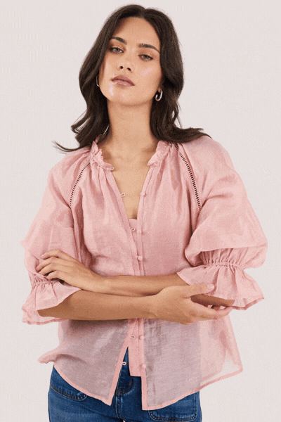 Encounter Blush Textured SS Gathered Button Front Top