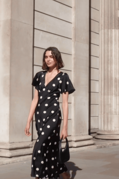 Chariot Black Polka Dot Bias Flutter Sleeve Maxi Dress