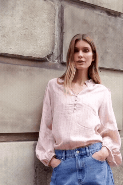Premise Blush Stripe High Neck Buttoned LS Top