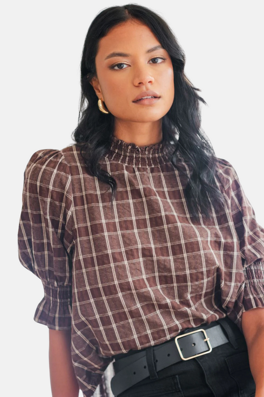 Influential Chocolate Check High Neck SS Top