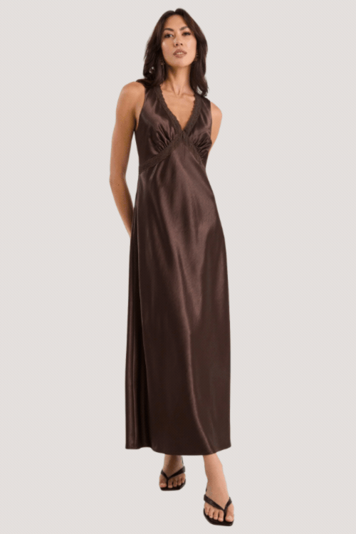Castle Chocolate Satin Lace Trim Maxi Dress