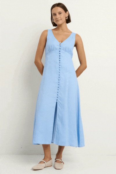 Panama Sky Blue Linen Sleeveless Button Front Midi Dress