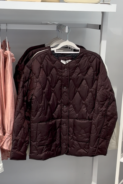 Frankly Chocolate Boxy Snap Front Puffer Jacket