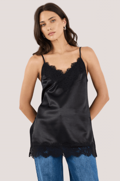 Noir Black Satin Lace Trim Cami