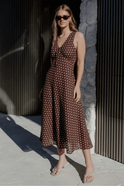 Infinity Chocolate Polka Dot Sleeveless Bias Midi Dress