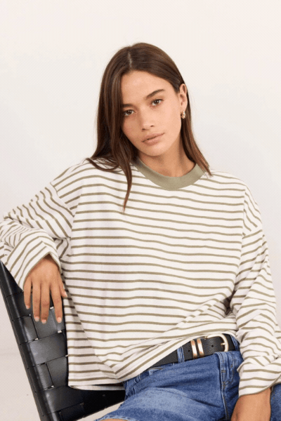 Unite Khaki White Stripe Long Sleeve Contrast Binding Boxy Tee