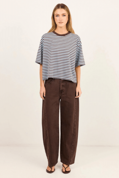 Cohesion Ice Blue Chocolate Stripe Oversized Contrast Binding Boxy SS Tee