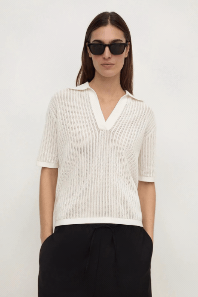 Nina Cotton Knit Polo | Antique White