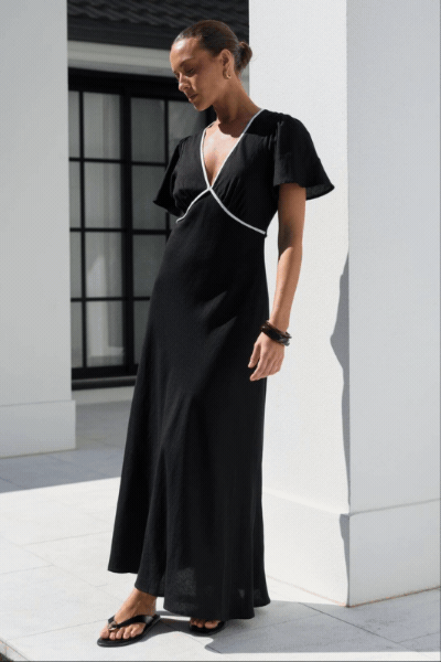 Profile Black Linen Blend Contrast Bias Flutter Sleeve Maxi Dress