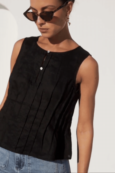 Encourage Black Linen Pintuck Front Boatneck Top