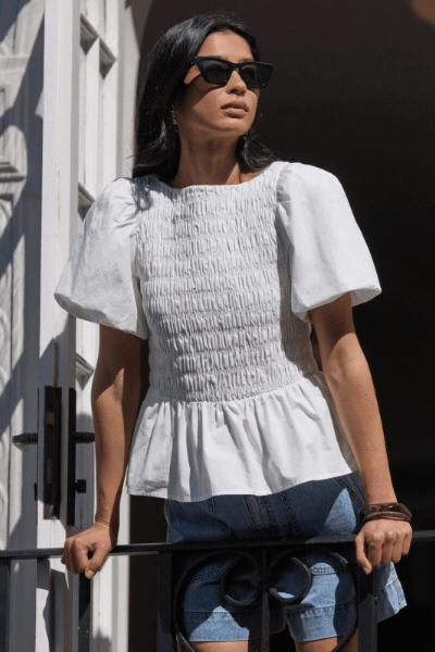 Artifact Ivory Poplin Shirred Bubble Sleeve Top