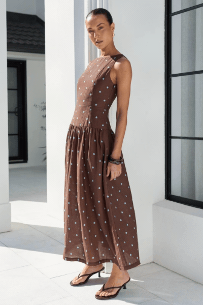 Results Mocha Blue Polka Dot Shirred Back Sleeveless Maxi Dress