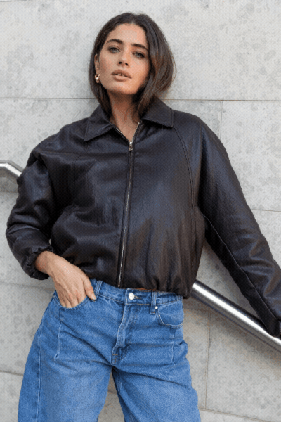 Troupe Chocolate PU Leather Zip Through Bubble Hem Bomber Jacket
