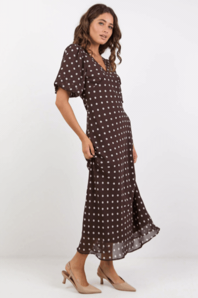 Aura Chocolate Polka Dot Puff Short Sleeve Bias Midi Dress