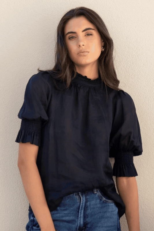 Verse Navy Sheer High Neck Short Sleeve Top