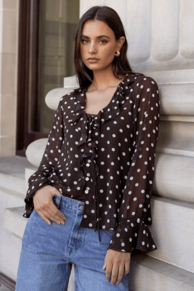 Bohemian Chocolate Polka Dot Sheer Frill Front Blouse