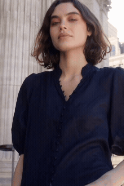Continuance Navy Ramie High Neck Buttoned SS Top